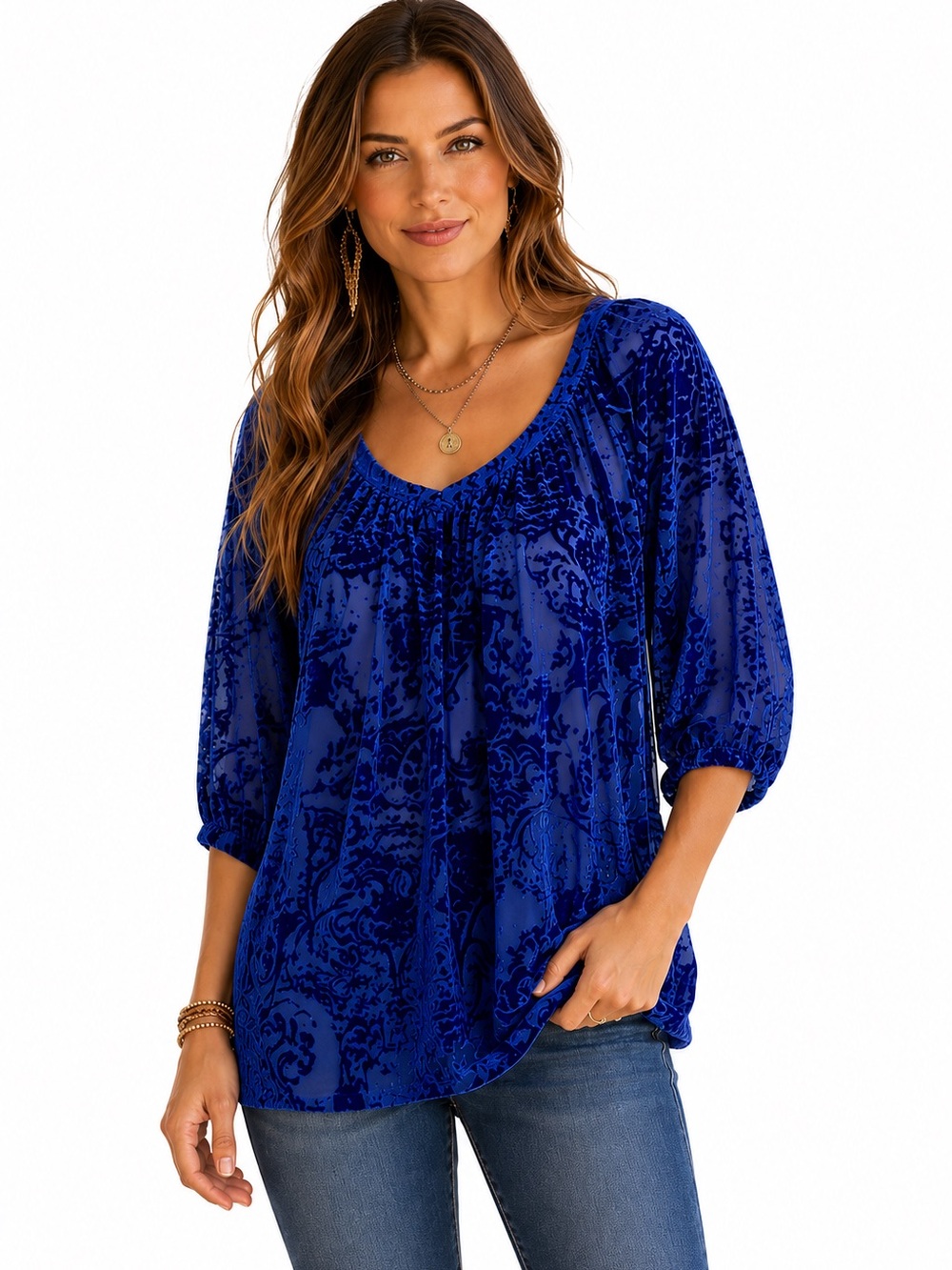 Sundance Blue Velvet Burnout Dragon Print Peasant Boho Blouse Large